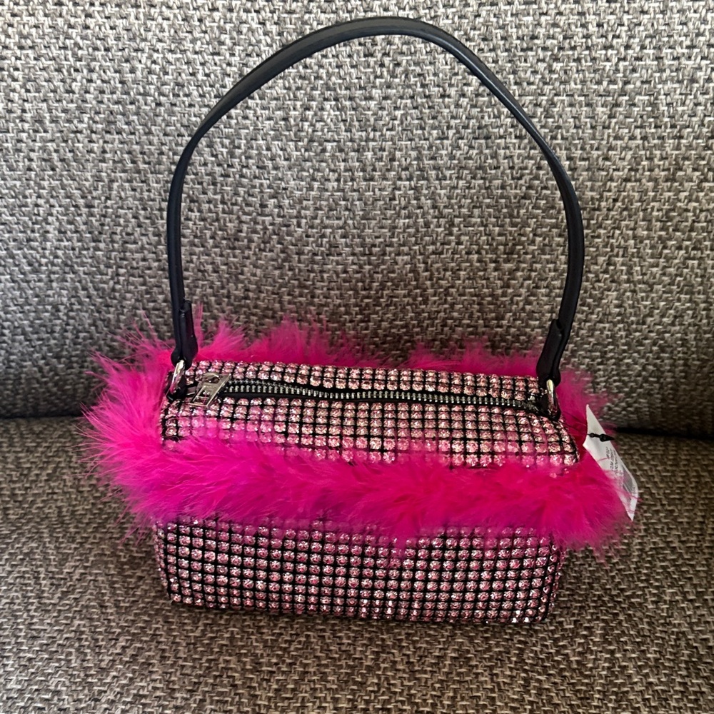Pink Feather-Trim Rhinestone Mini Shoulder Bag